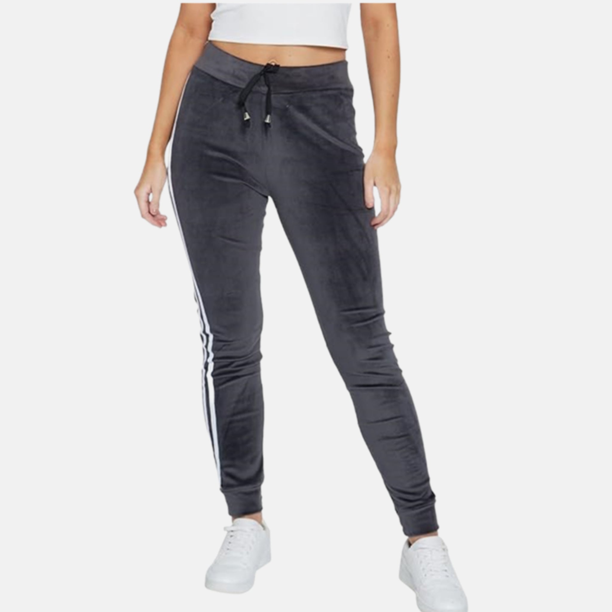 Ladies velour bottoms soft lounge joggers with side stripes in grey